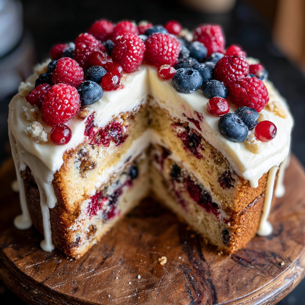 Blechkuchen mit Beeren und Creme