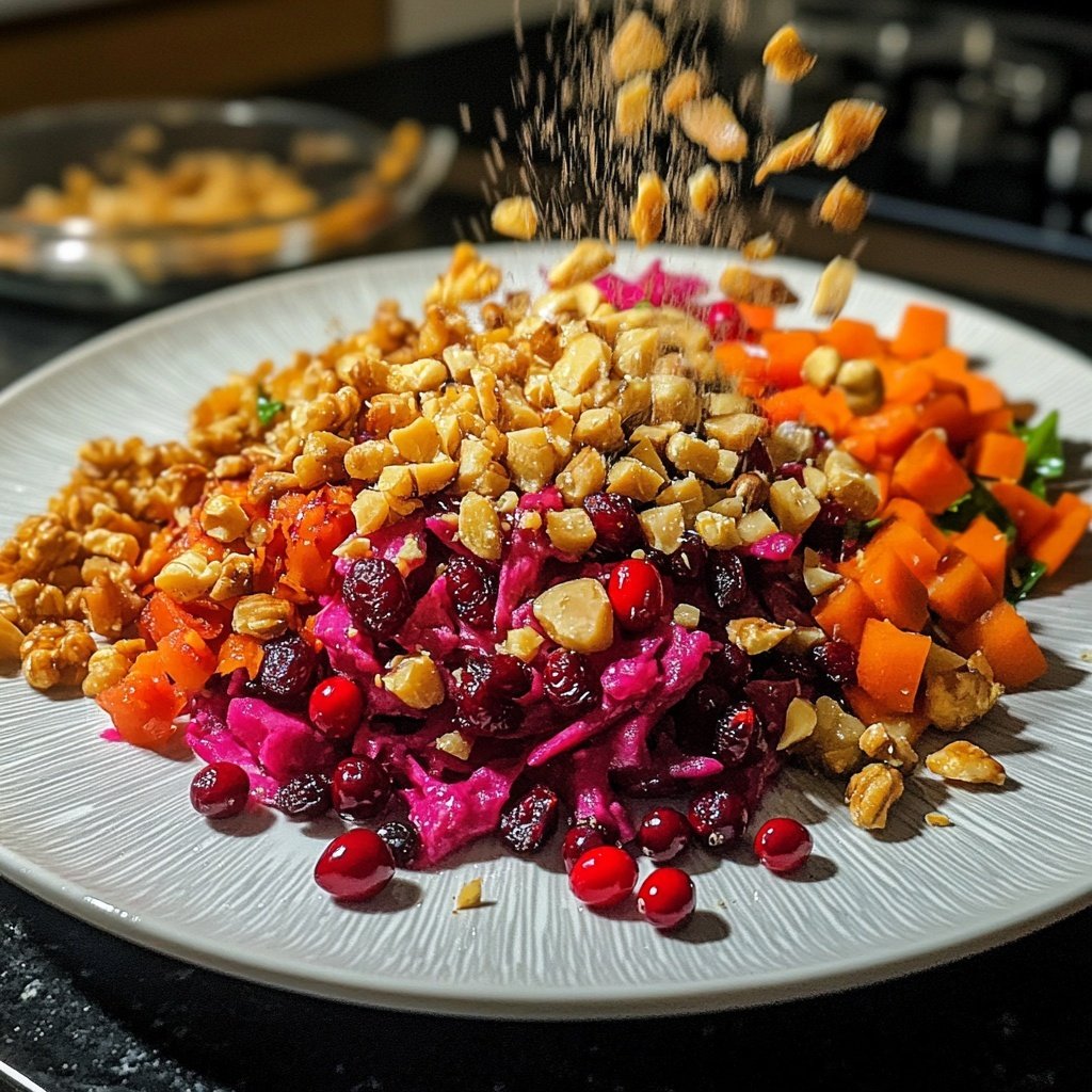 Wintersalat mit Butternutkürbis Rosenkohl Cranberries Pekannüssen und Roter Bete